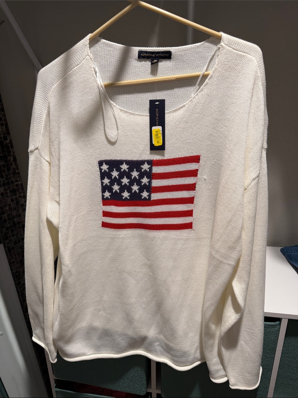 Adrienne Vittadini Cream Sweater with Red & Blue Flag Motif